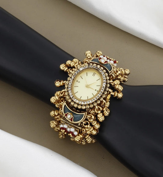 Kashvi Kashmiri Gold Kundan Bracelet Watch with Ghungroo Dangles