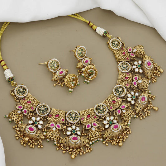 Ethnic Antique Finish Stone Studded Gold Plated Necklace Set
