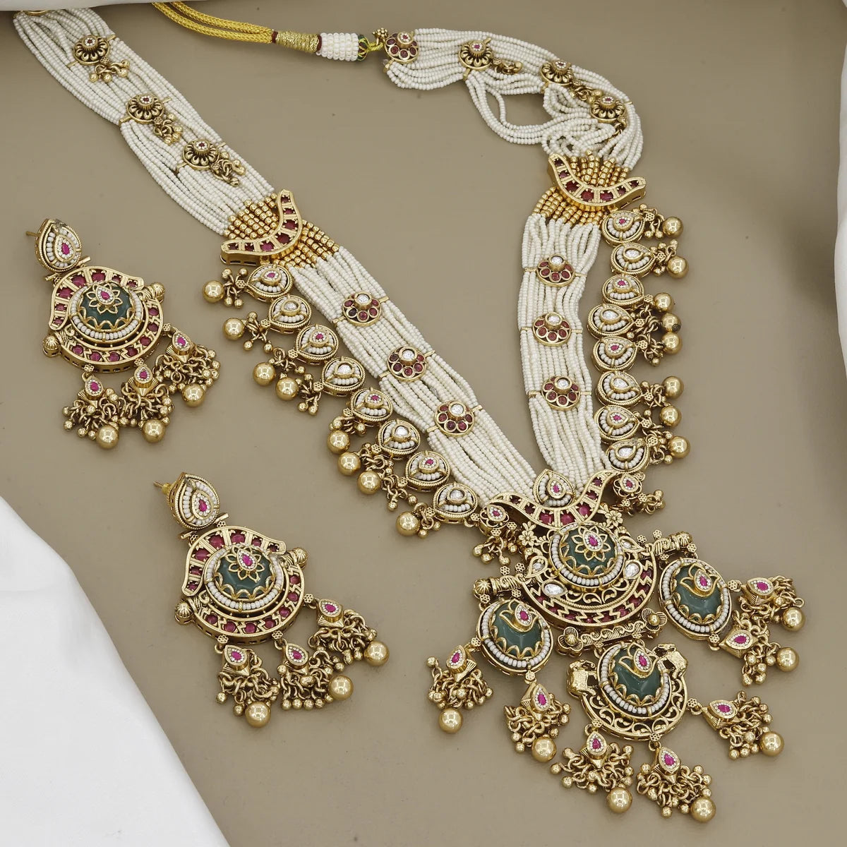 Seed Pearl & Emerald Accents Long Bridal Necklace Set