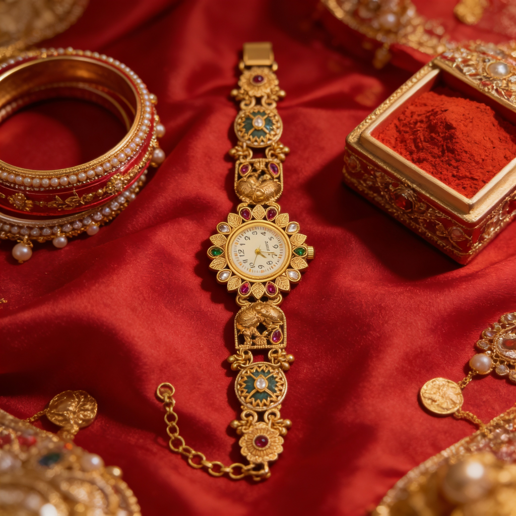 Rajwadi Sunflower & Elephant Meenakari Heritage Bracelet Watch